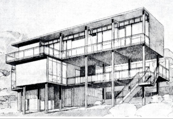 ikonische Perspektive des Palička-Hauses von Mart Stam, Zeitschrift Opbouw, Niederlande, 1932
